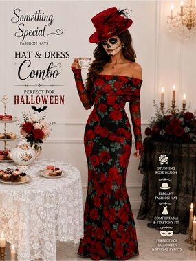 NWOT Off-Shoulder Red Rose Maxi Dress & Fashion Hat Combo 🌹 Maxi Dress stretchy